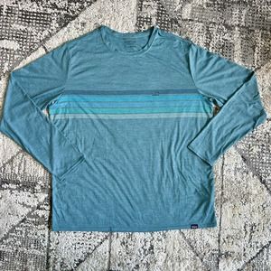 Patagonia Long Sleeve T Shirt Men XL Light Plume Gray Logo Ridge Stripe
